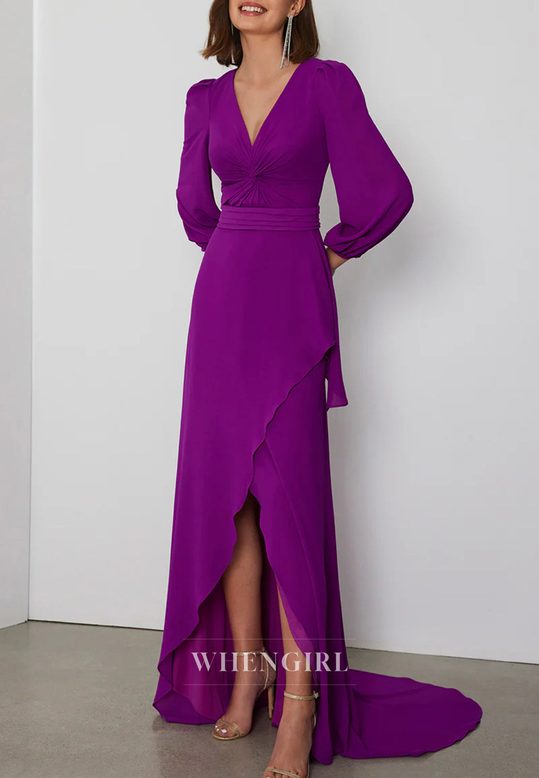 V Neck Long Sleeves Sweep Train Slit Column Cut Out Back Mother of the Bride Dress