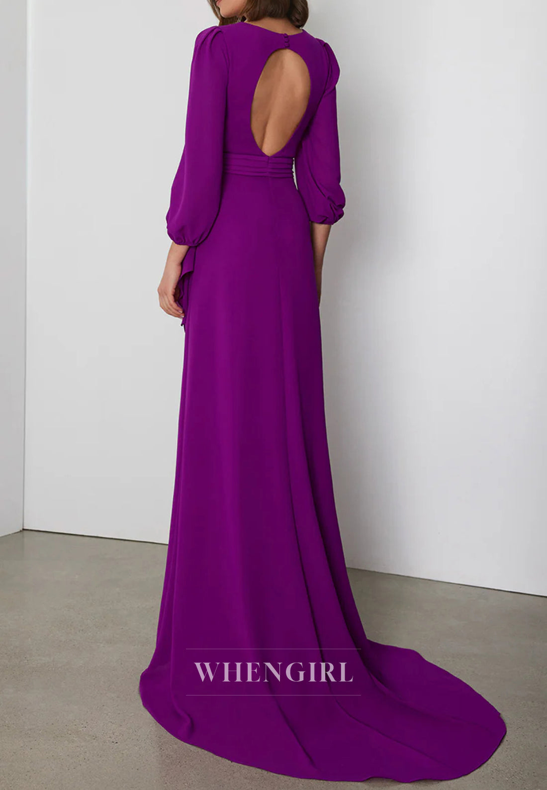 V Neck Long Sleeves Sweep Train Slit Column Cut Out Back Mother of the Bride Dress