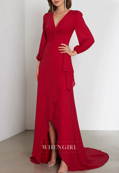 V Neck Long Sleeves Sweep Train Slit Column Cut Out Back Mother of the Bride Dress