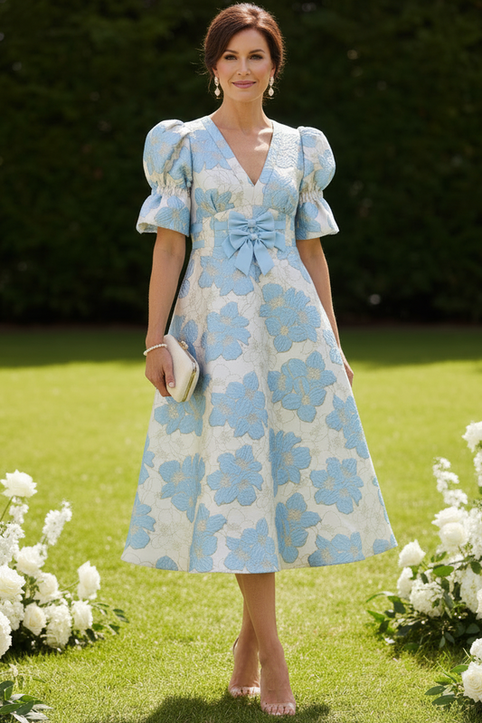 Blue V Neck Short Puff Sleeves Boknot Mother of the Bride Dress