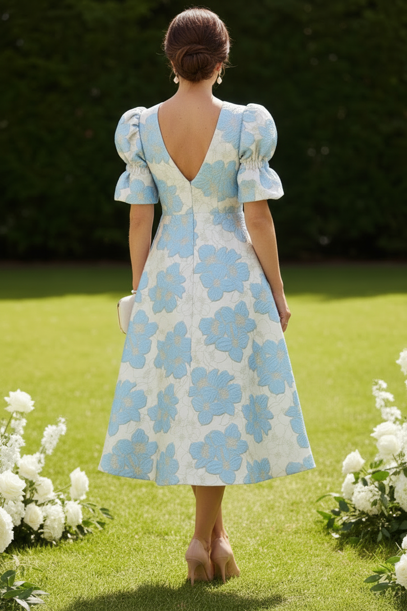 Blue V Neck Short Puff Sleeves Boknot Mother of the Bride Dress