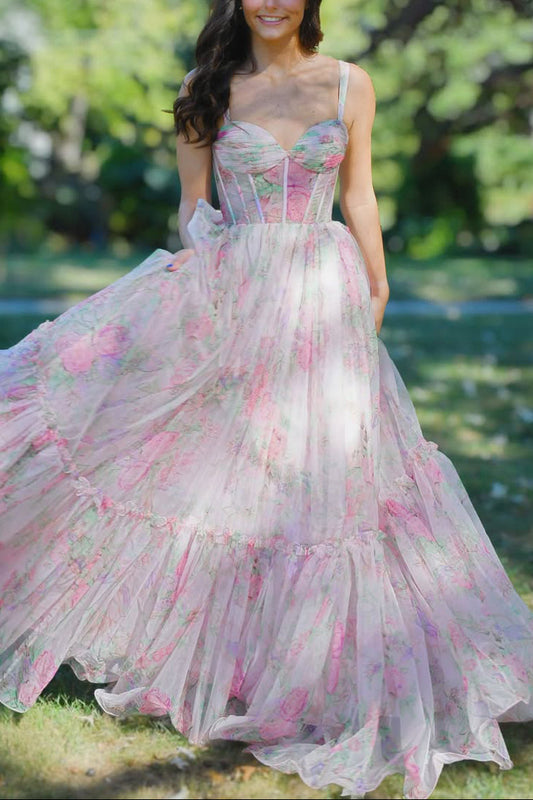 Cute A Line Strapless Floral Chiffon Prom Dress