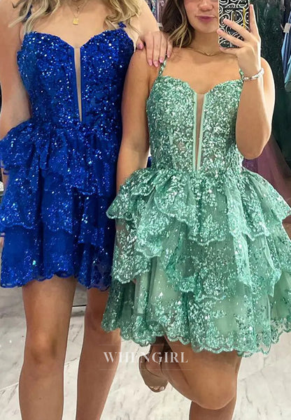 A-Line V Neck Sleeveless Beaded Multi Tiered Short Strapless Homecoming Dress