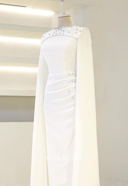Sheath Rhinestones Beading Bateau Neck Pleated Long Sleeves Long Formal Evening Dress
