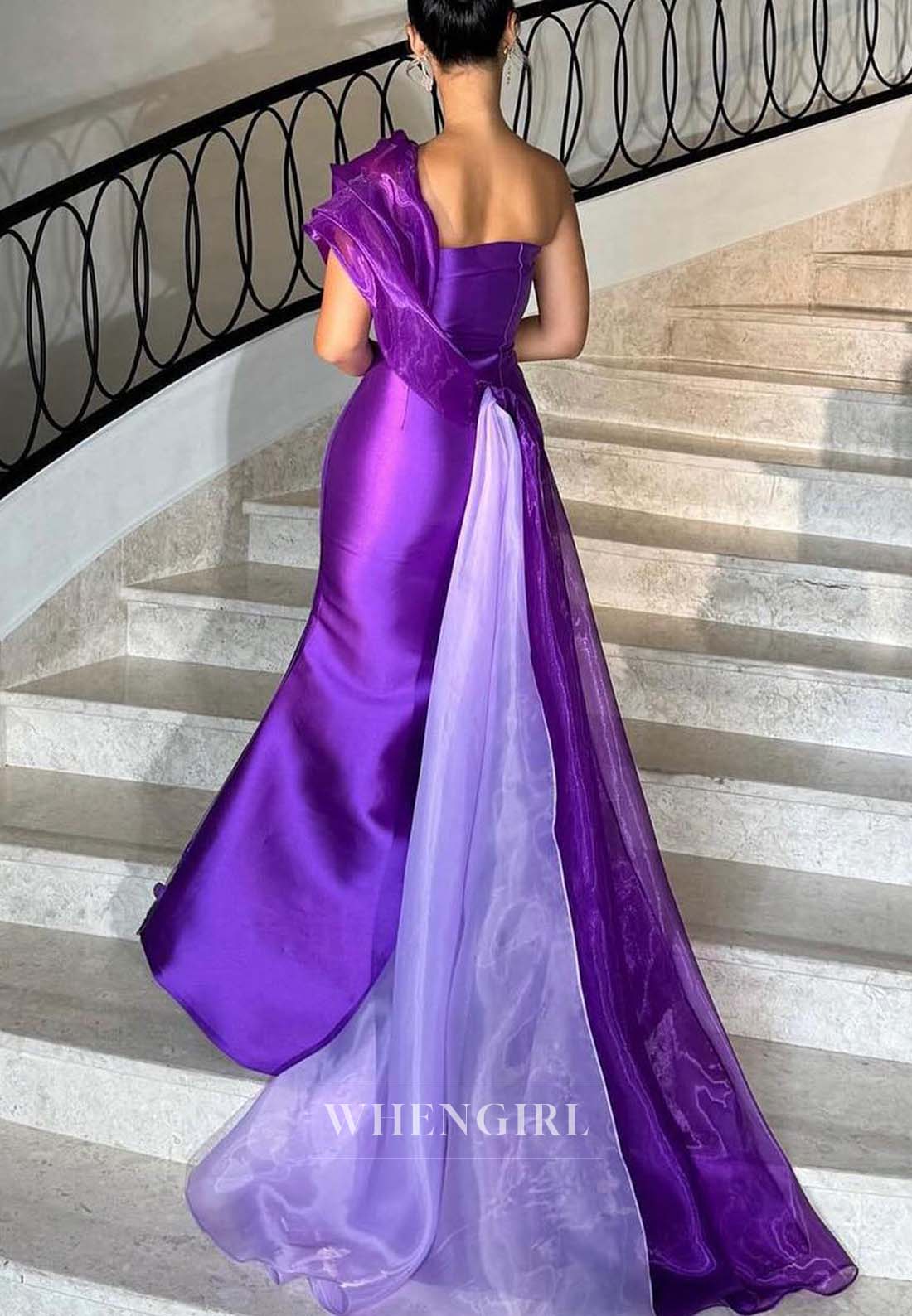 Regency One Shoulder Sleeveless Formal Dress Train Ruched Floral Mermaid Evening Dress
