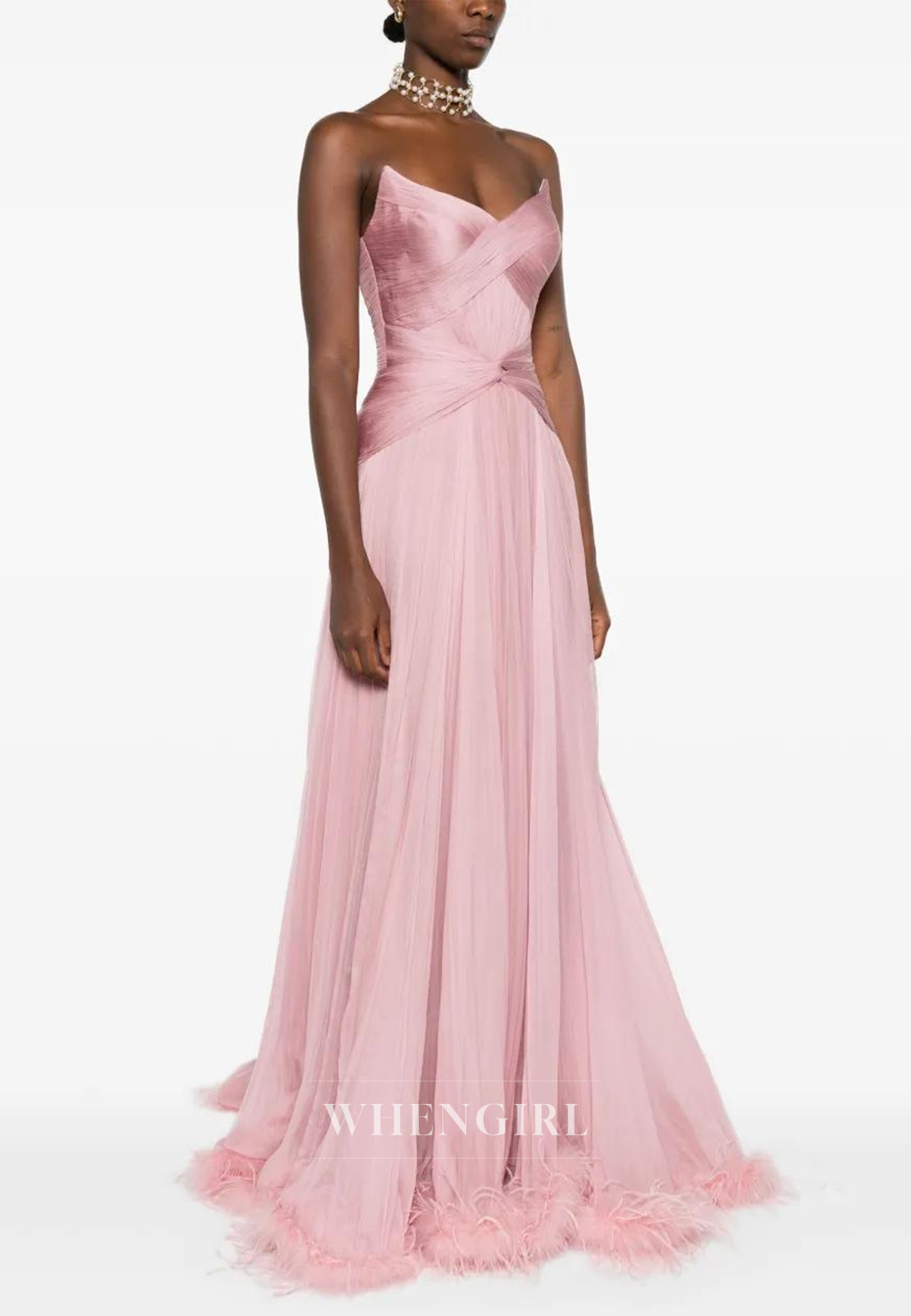Light Pink V Neck Sleeveless Pleated Back Zipper Feather A-Line Formal Evening Gown