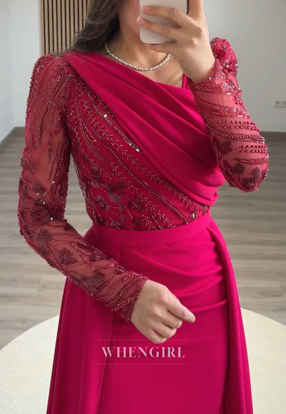 Asymmetrical Neck Long Beaded Sleeves Sheath Side Slit Sweep Train Formal Evening Dress