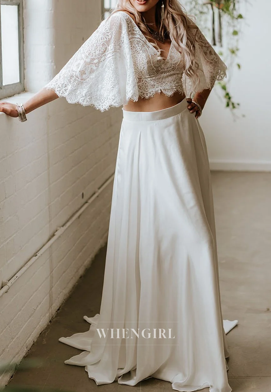 A-Line Flutter Sleeves V Neck Two Pieces Sweep Train Boho Wedding Dress