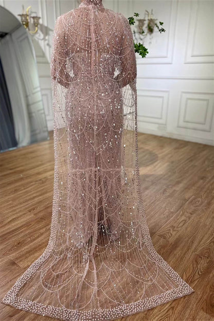 High Neck Sheath Pearls Prom Dresses With Cape Long Sequins Beads