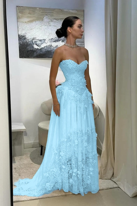 Strapless Sweetheart Prom Dress Pleated with Applique