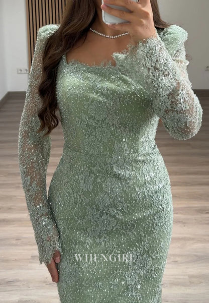 Mermaid Beaded Square Neck Long Sleeves Beaded Lace Evening Formal Dress