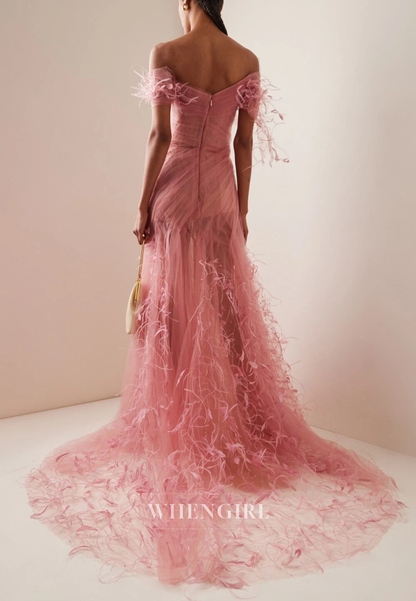Dusty Pink Off Shoulder Pleated Side Slit Feather Back Zipper Mermaid Evening Formal Dress with Train