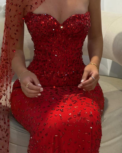 Beaded Straight Across Mermaid Red Glamorous Prom Dress With Scarf