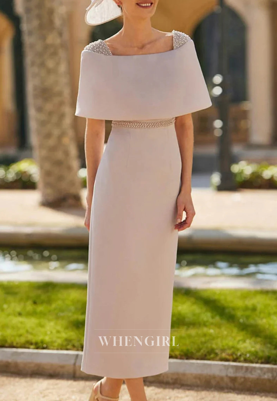 Sheath Square Neck Beaded Bowknot Short Sleeves Mother of the Bride Dress