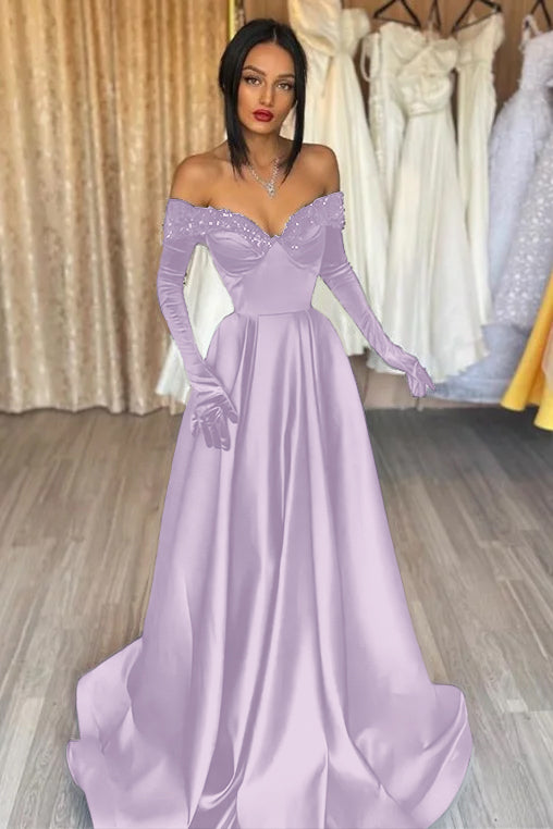 Glamorous Black Off the Shoulder Long Sleeves A Line Evening Dress with Appliques