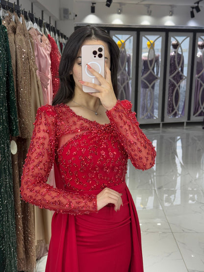 Sheath Long Sleeves Beaded Evening Dress with Train