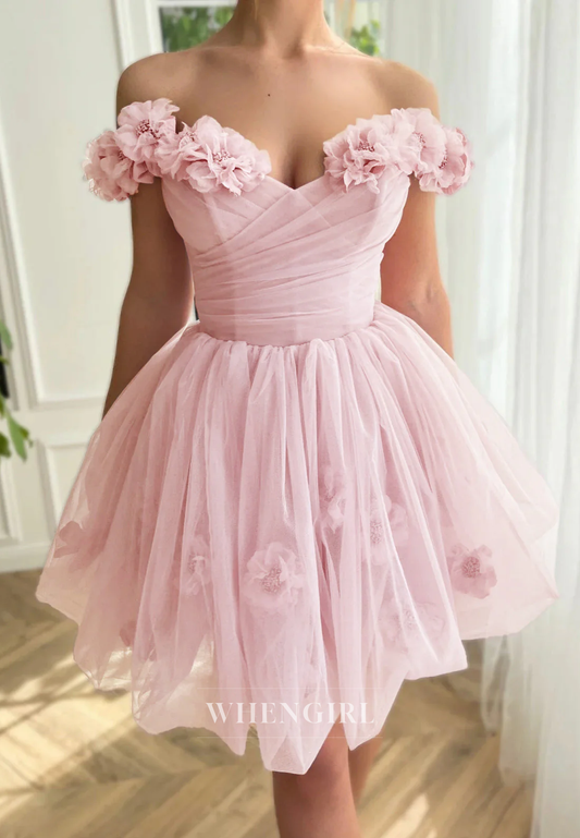 A-Line Off Shoulder Floral Straps Lace Up Short Homecoming Dress