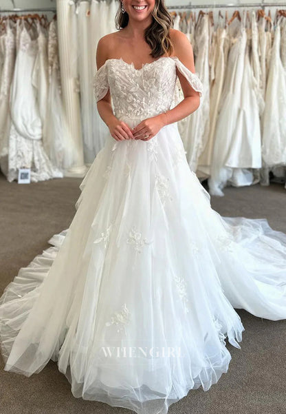 A-Line Off Shoulder Appliqued Court Train Sleeveless Wedding Dress