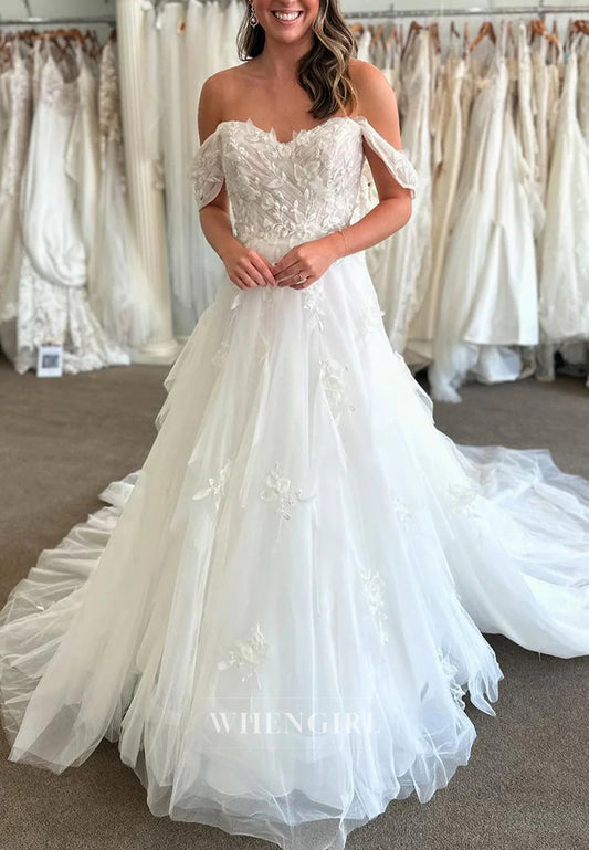 A-Line Off Shoulder Appliqued Court Train Sleeveless Wedding Dress