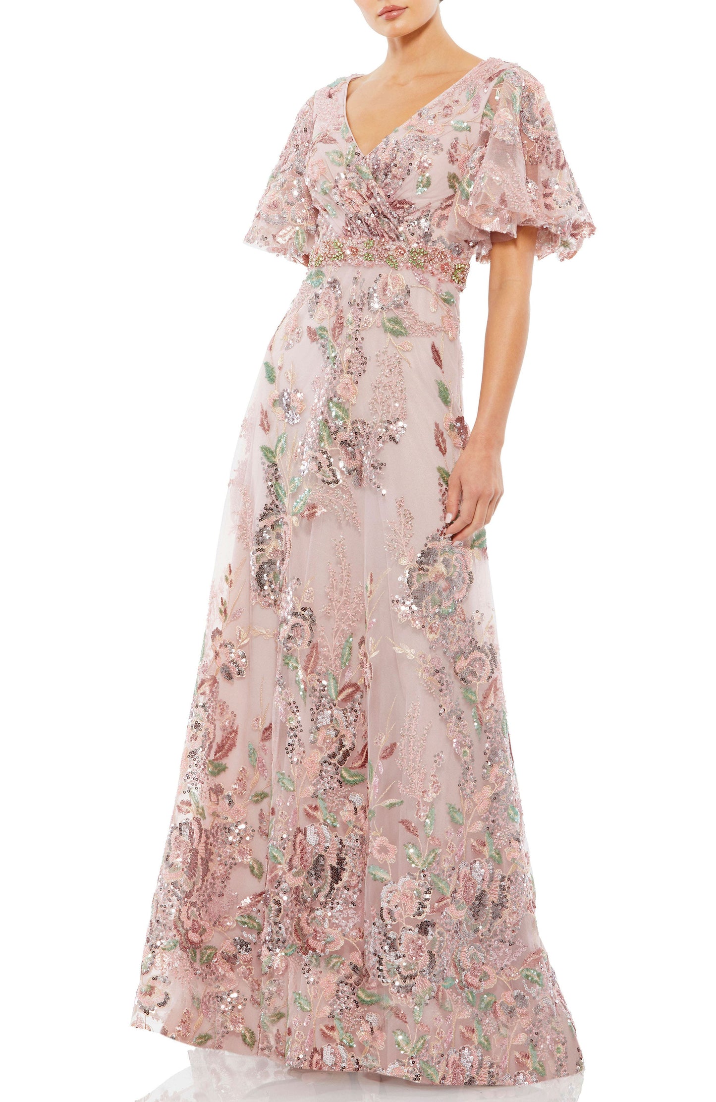 Floral Embellished Short Sleeves Floor Length Mother of the Bride Gown