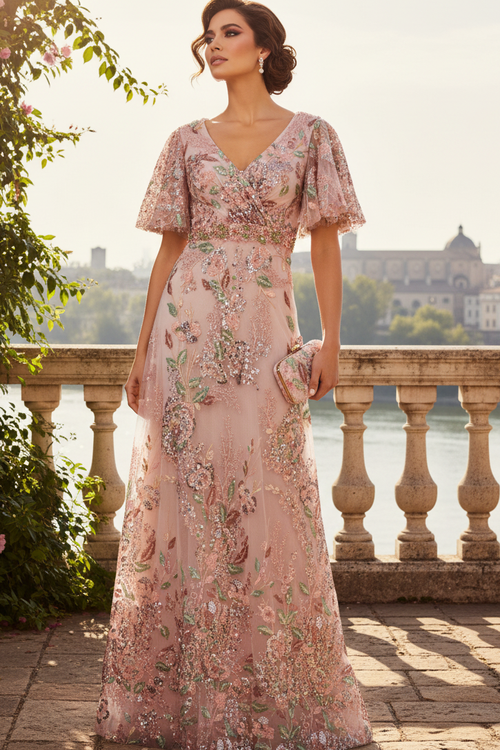 Floral Embellished Short Sleeves Floor Length Mother of the Bride Gown