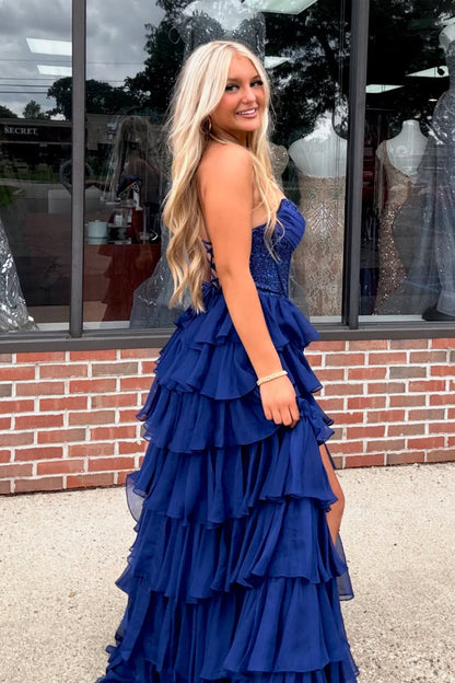 Gorgeous A Line Scoop Neck Royal Blue Chiffon Prom Dress with Slit