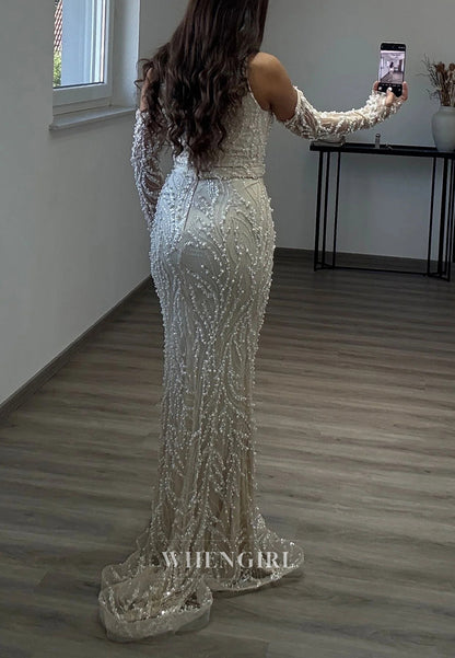 Mermaid Halter Beaded Back Zipper Sweep Train Formal Evening Dress with Gloves
