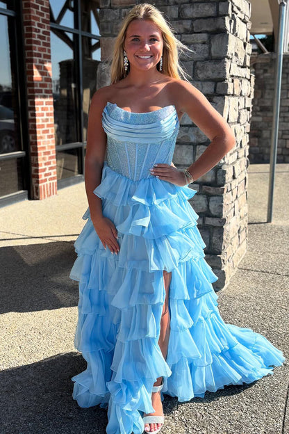 Ball Gown Strapless Royal Blue Ruffle Tiered Long Prom Dresses with Beadings