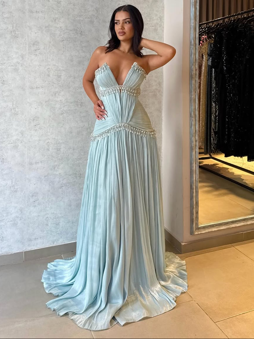 Floor Length Dreamy Light Blue V-Neck Pleated Rhinestone Prom Dress