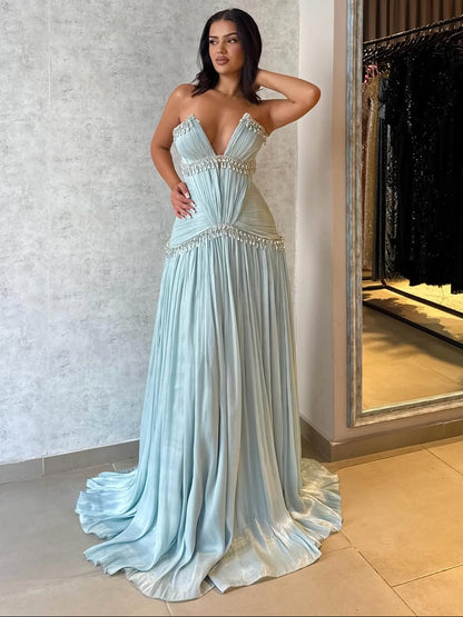 Floor Length Dreamy Light Blue V-Neck Pleated Rhinestone Prom Dress