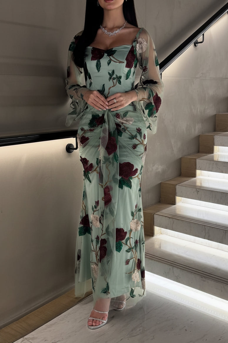 Mint Green Gown with Rose Embroidery Evening Dress