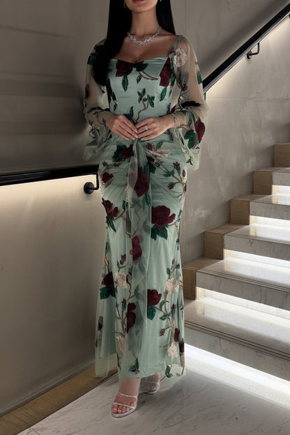 Mint Green Gown with Rose Embroidery Evening Dress