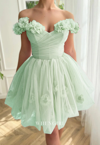 A-Line Off Shoulder Floral Straps Lace Up Short Homecoming Dress