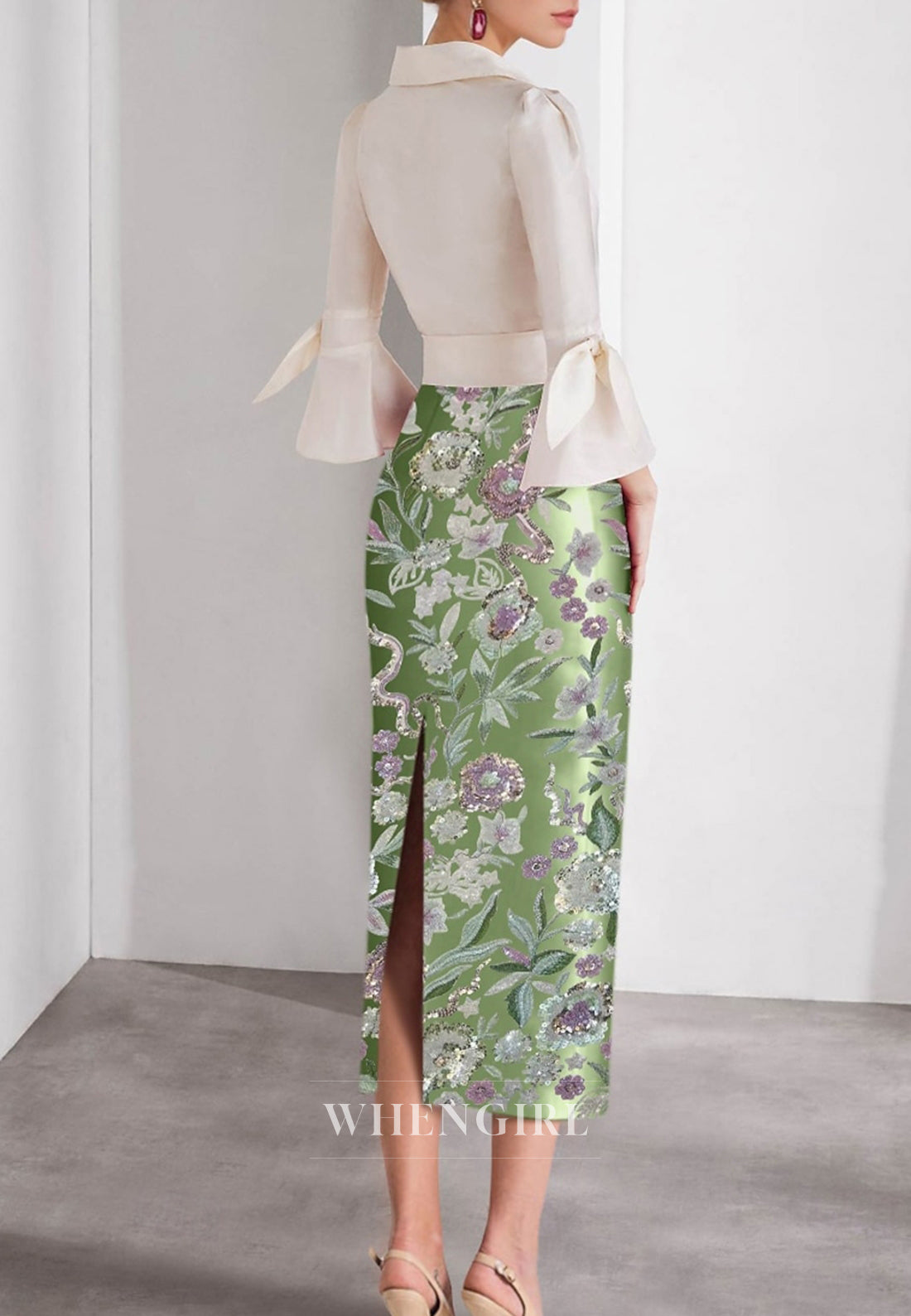 Sheath 3/4 Sleeves Bowknot V Neck Tea Length Mother of the Bride Dress