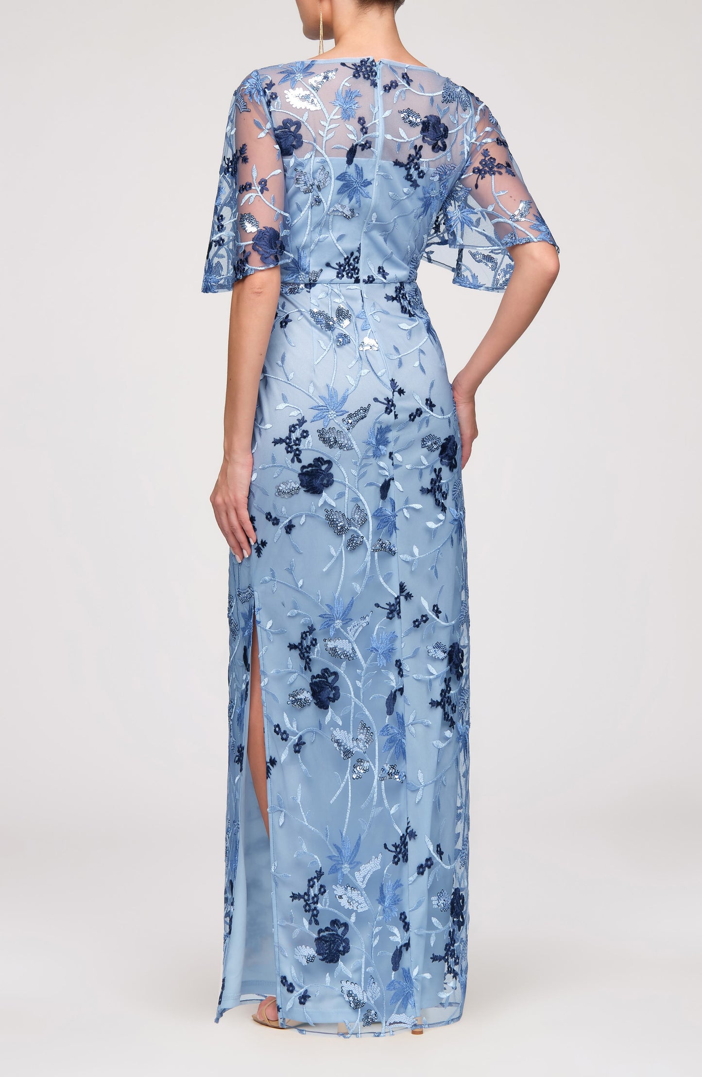 Blue Bateau Neck Short Sleeves Embroidered Sequin Column Gown