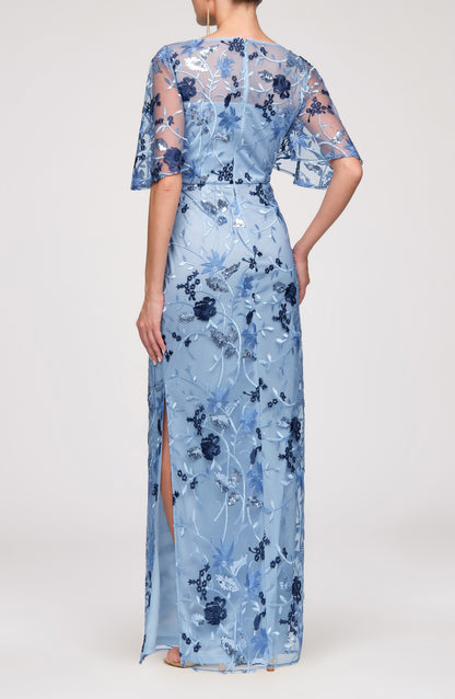 Blue Bateau Neck Short Sleeves Embroidered Sequin Column Gown