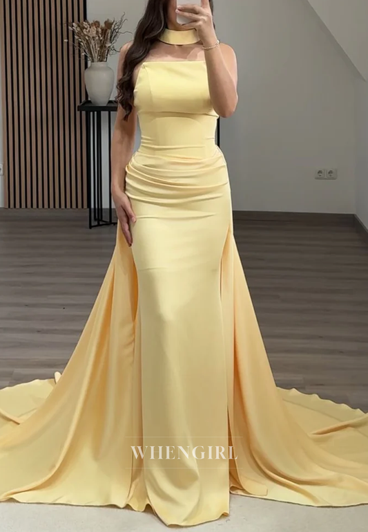 Simple Sleeveless Pleated Strapless Back Zipper Column Evening Formal Dress with Court Train