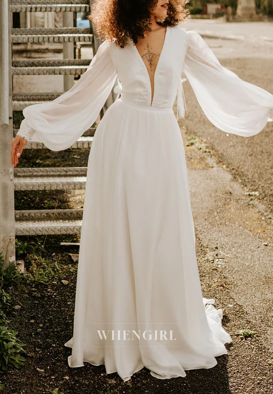 A-Line V Neck Long Puff Sleeves Sweep Trian Tassel Beach Wedding Dress