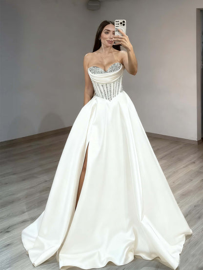 Dark Navy Gorgeous Split A-Line Sweetheart Beaded Prom Dress With Pocket