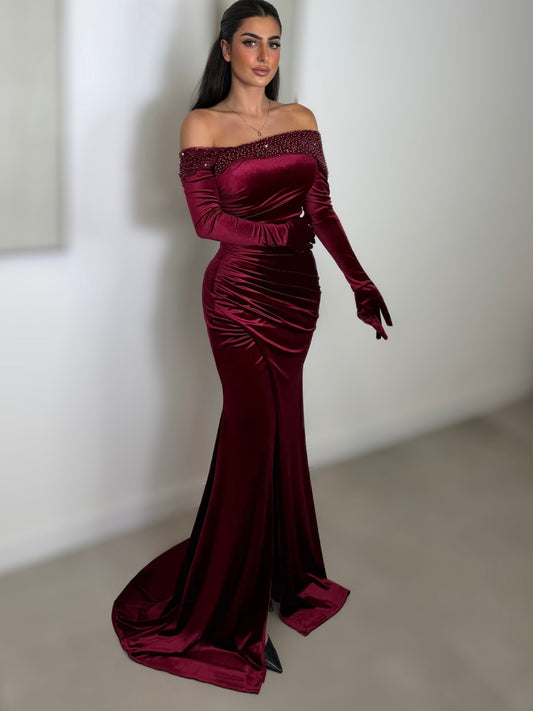 Burgundy Off Shoulder Ruched Long Sleeves Mermaid Evening Dress