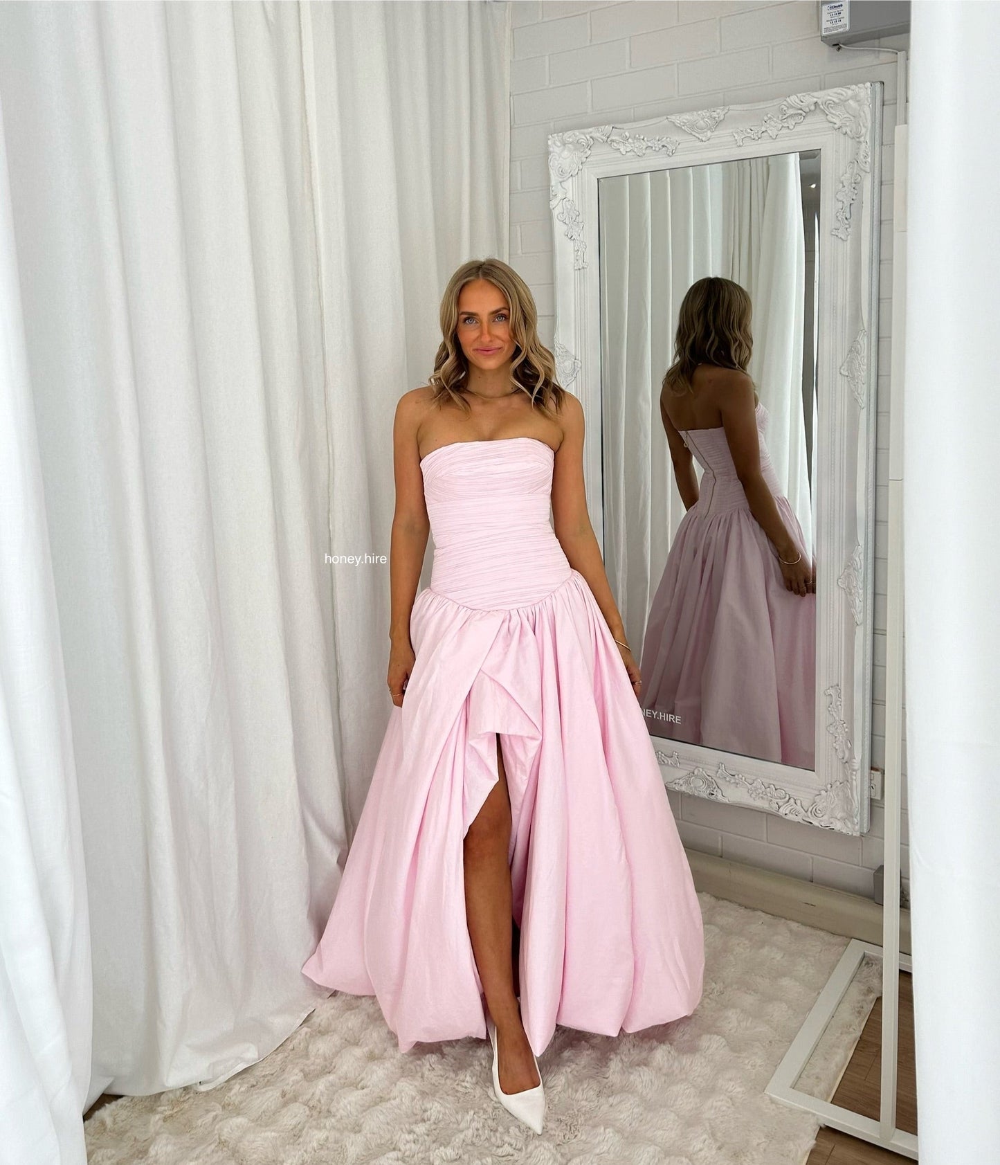 Pink Tube Top Slit Ruched Sleeveless Prom Dress