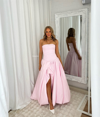 Pink Tube Top Slit Ruched Sleeveless Prom Dress