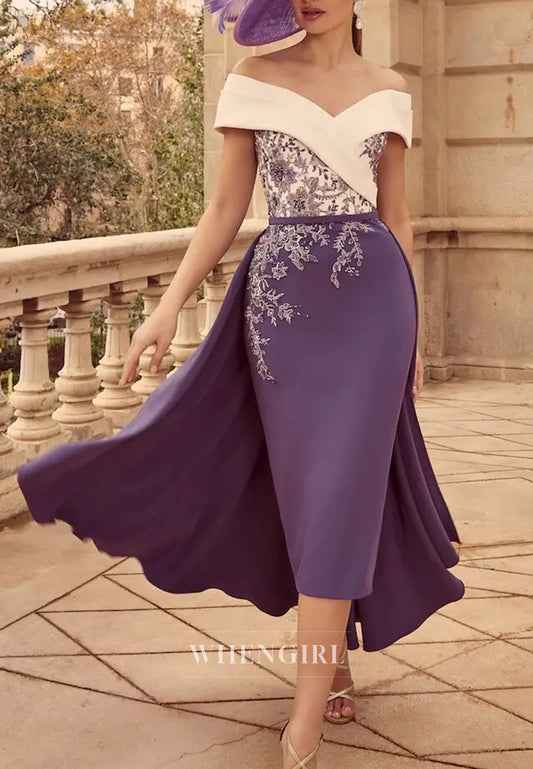 Off Shoulder Sheath Sleeveless Sequins Embroidery Beaded Mother of the Bride Dress