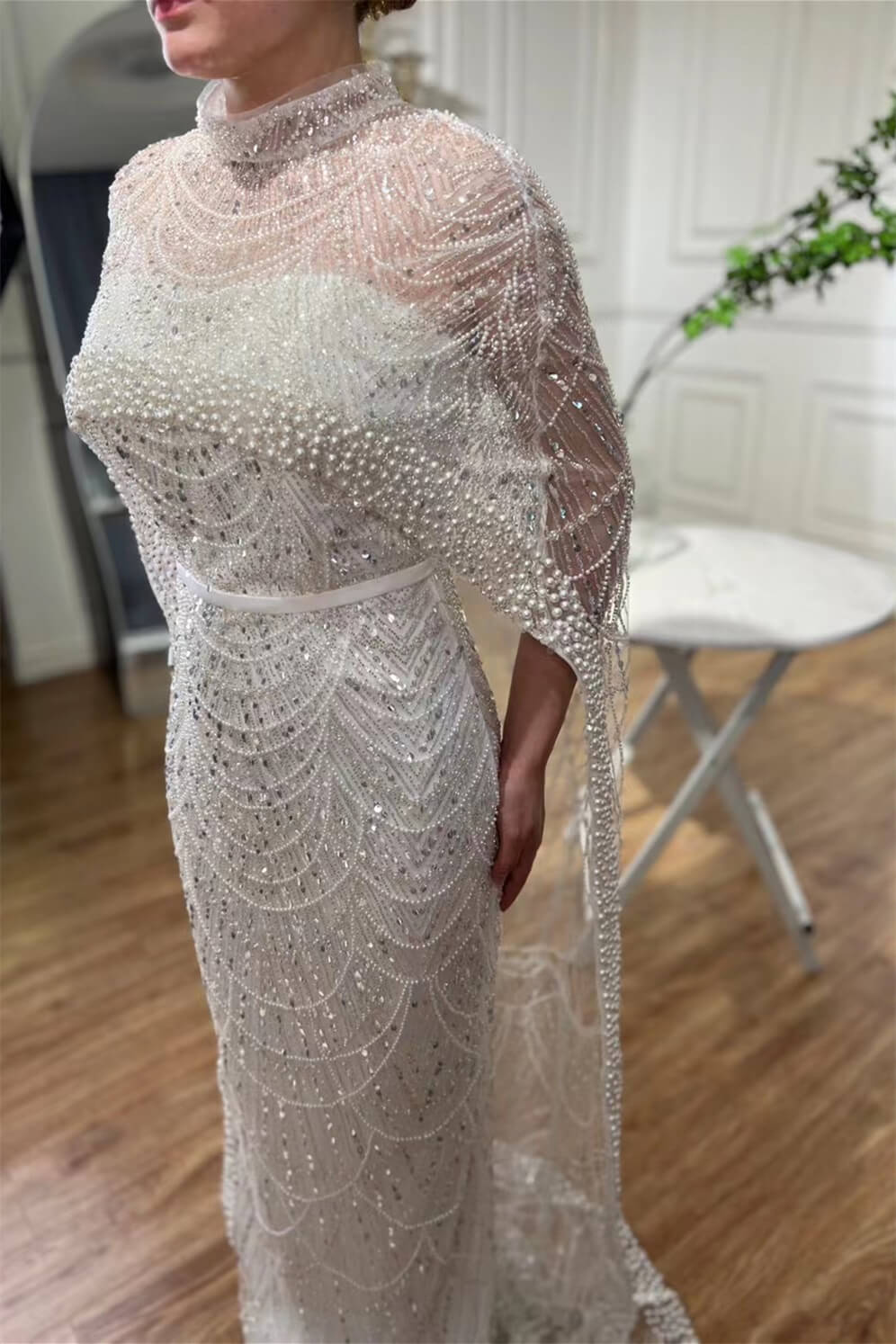 High Neck Sheath Pearls Prom Dresses With Cape Long Sequins Beads