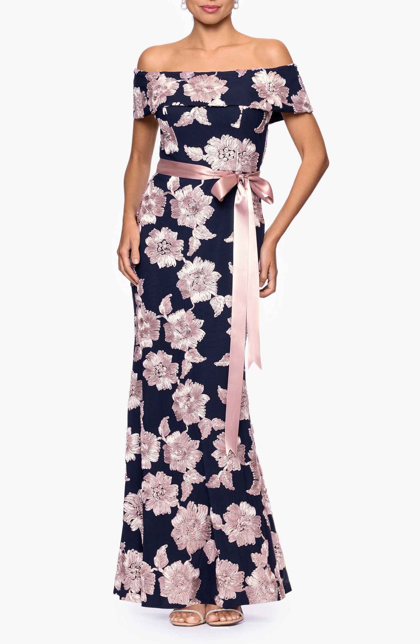 Floral Off the Shoulder Bowknot Sheath Mother of the Bride Gown