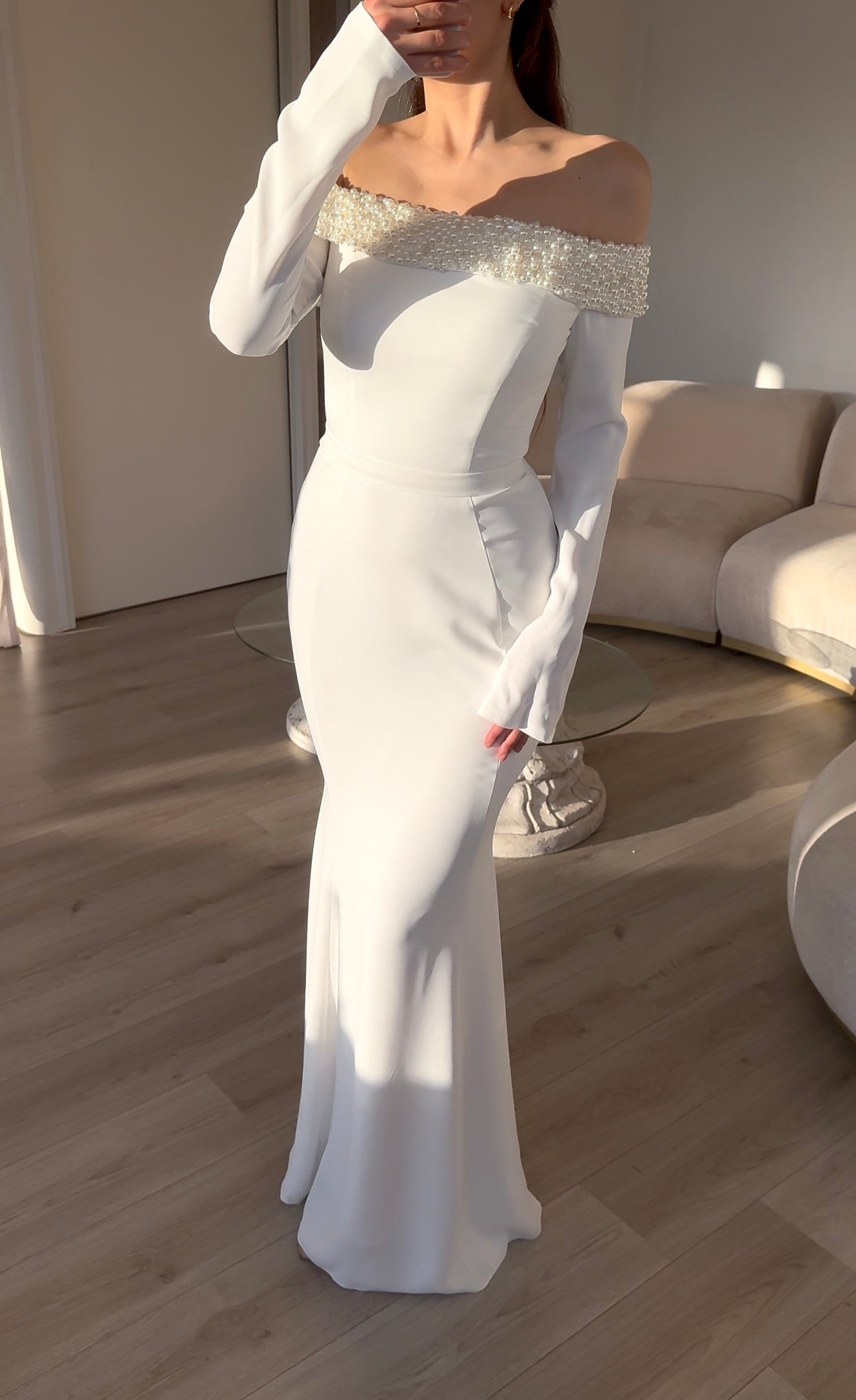 Sheath Beaded Off Shoulder Long Sleeves Floor Length Wedding Dress