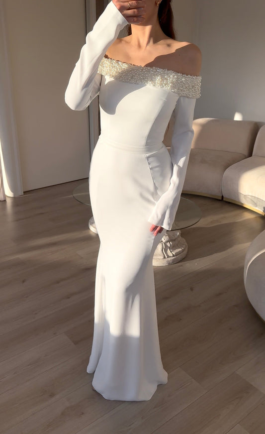 Sheath Beaded Off Shoulder Long Sleeves Floor Length Wedding Dress
