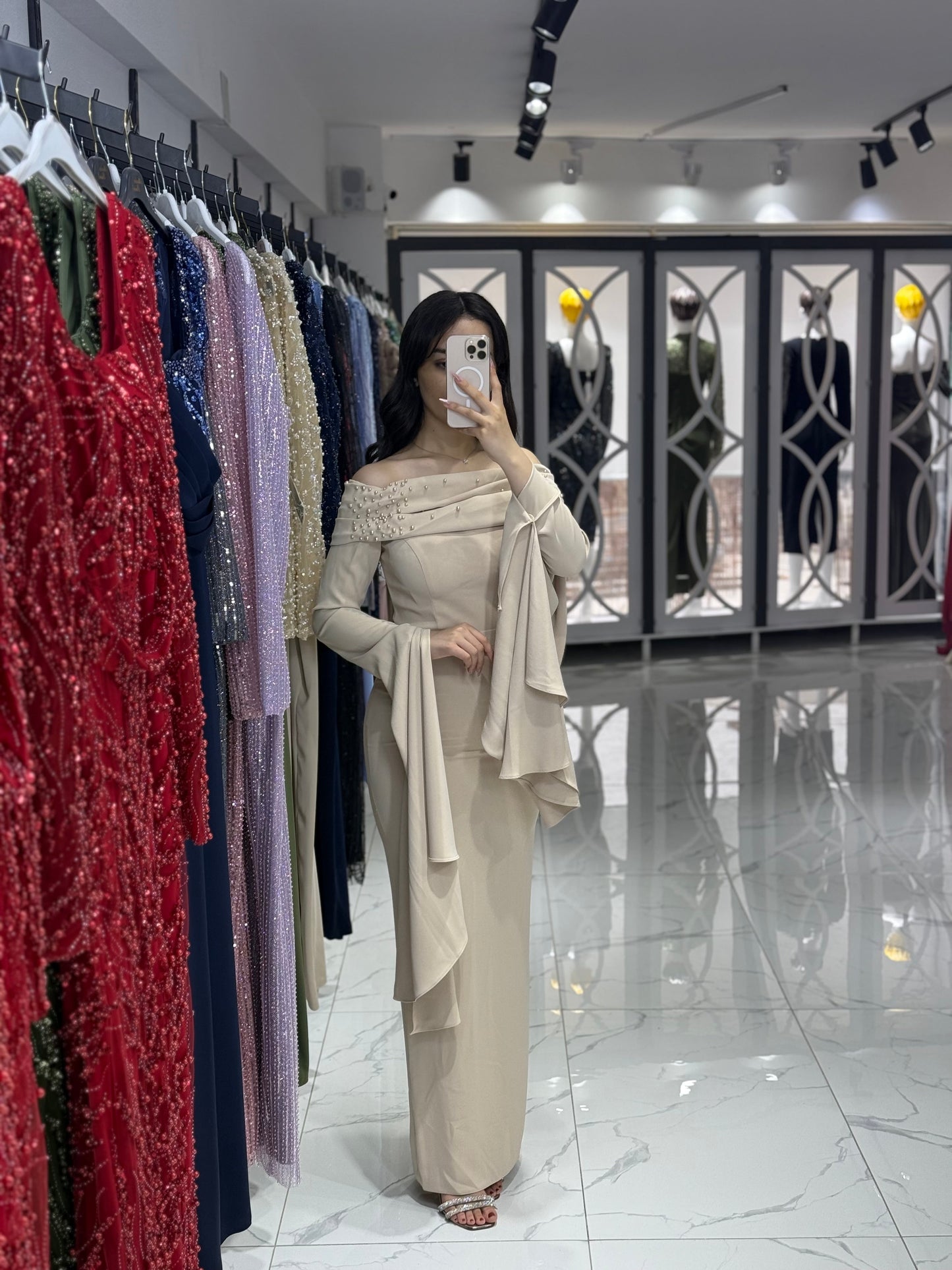 Beige Off Shoulder Long Sleeves Beaded Ruched Evening Dress