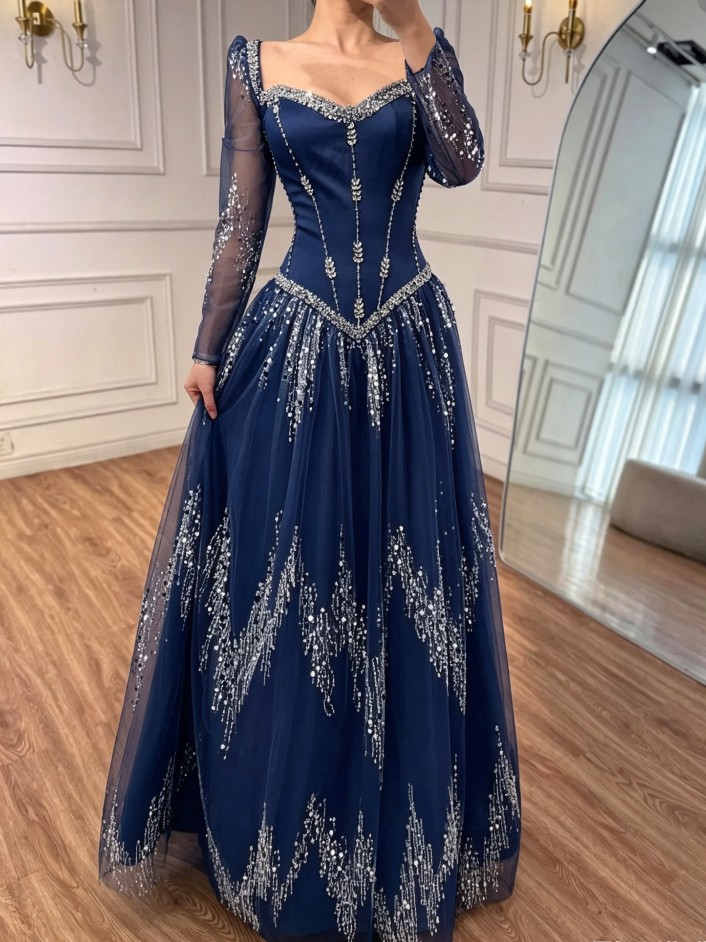 Luxury Blue Crystal Beaded A Line Evening Dress With Long Sleeves