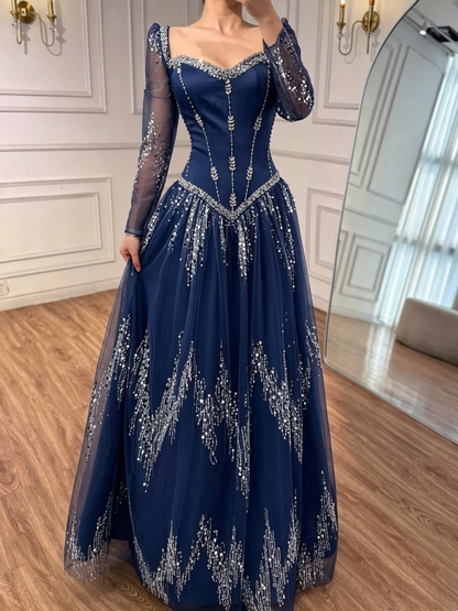 Luxury Blue Crystal Beaded A Line Evening Dress With Long Sleeves
